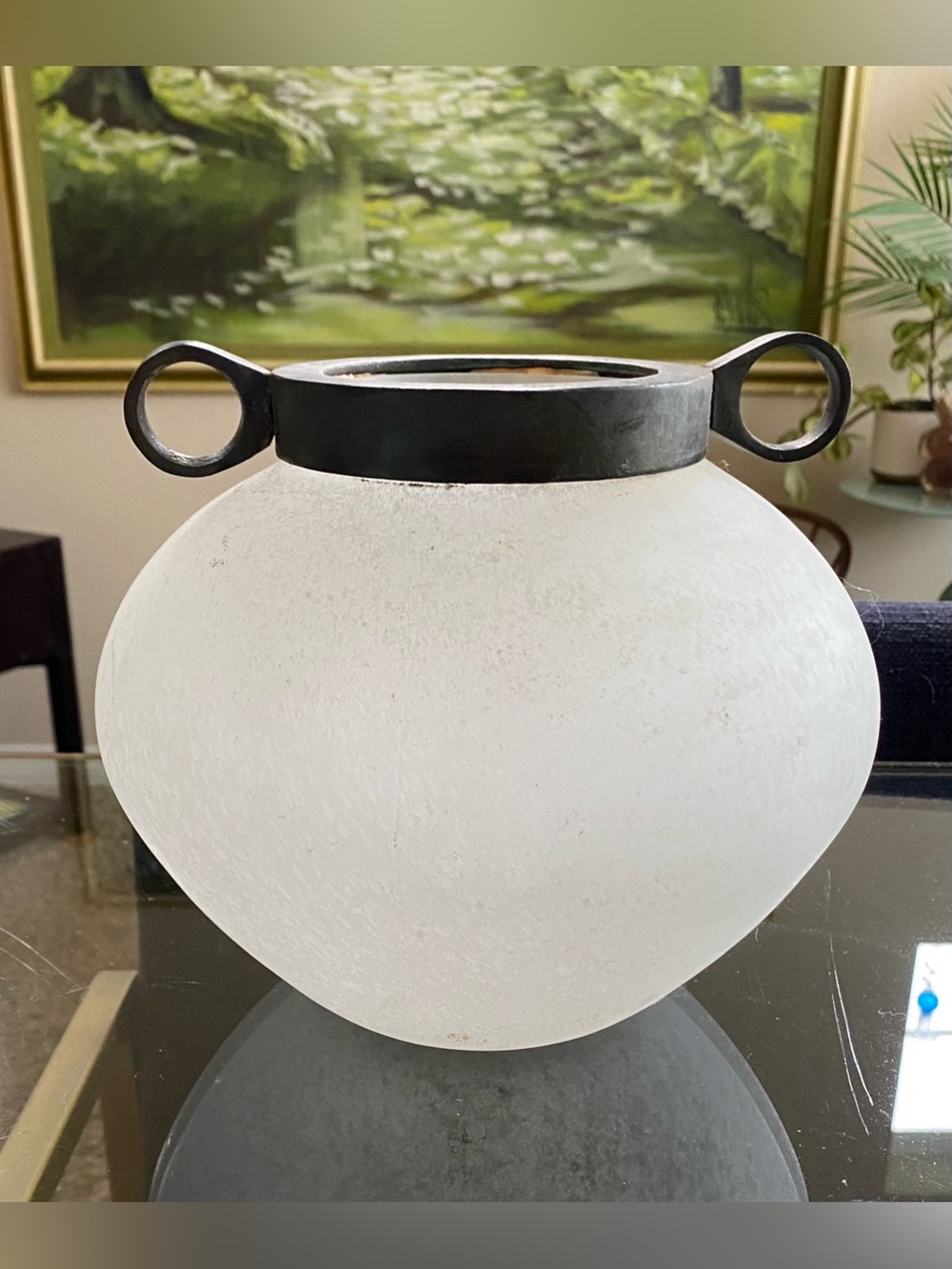 VTG Postmodern White Scavo Glass Amphora Vase Metal Handles Silvestri ? Murano ?